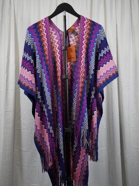 Missoni Multicolor Zigzag Knit Fringe Kimono Shawl Wrap Wool Blend